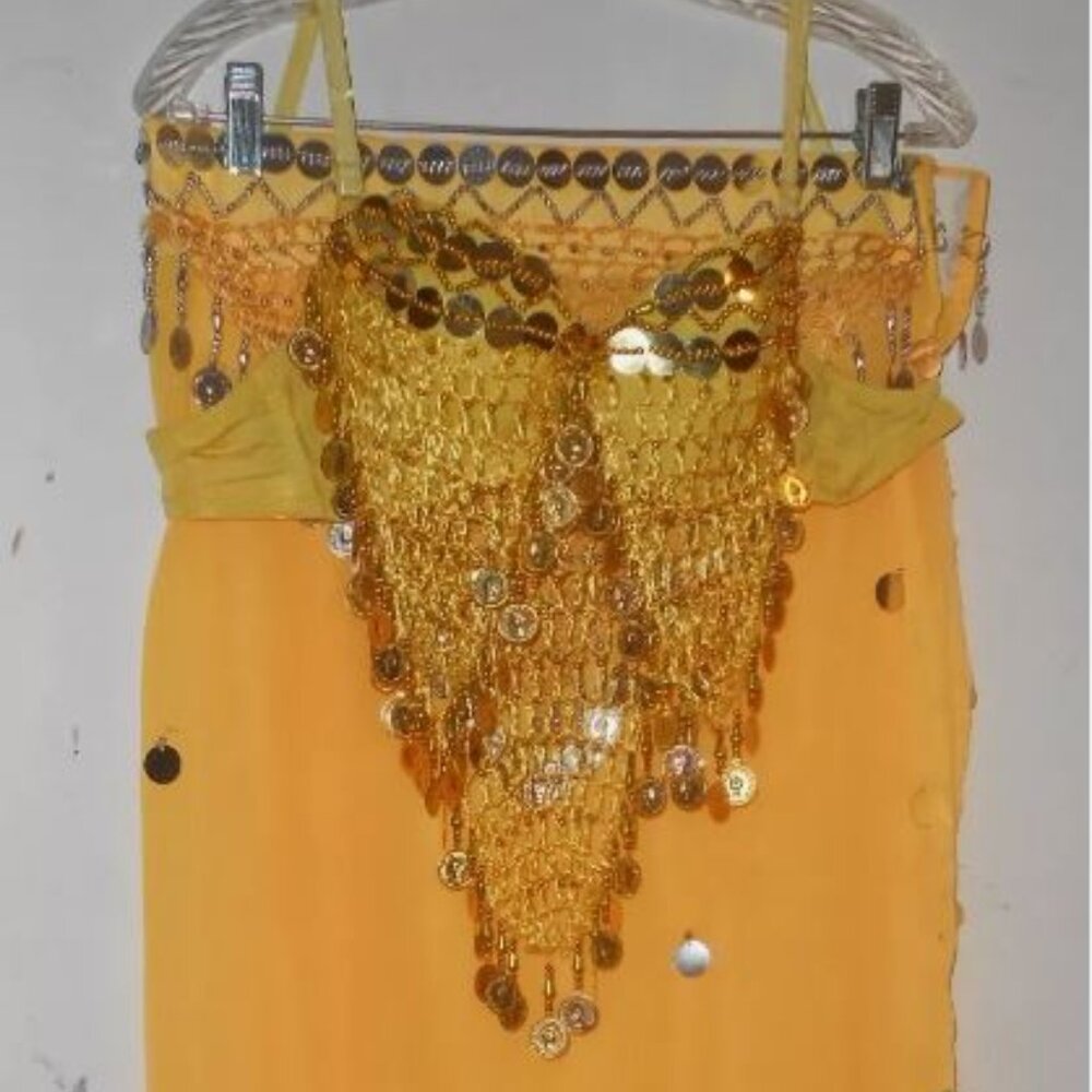 Moroccan Costume Belly Dancing Bra & Coin Hip Skirt Yellow New Chiffon Dancewear